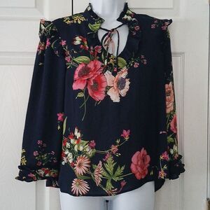 Lily White navy blue floral print 3/4 length sleeve blouse Sz S NWOT